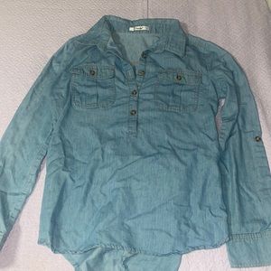 light wash blue half button up blouse